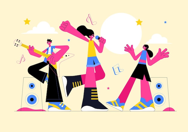 Ilustración vectorial de entretenimiento musical con personas tocando varios instrumentos musicales con músicos actuando en vivo en el escenario en el fondo