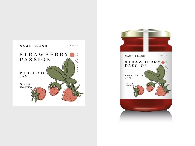 Ilustración vectorial envase de botella de vidrio realista para mermelada de frutas Mermelada de fresa con etiqueta de diseño