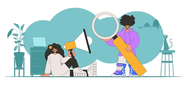 Ilustración vectorial del equipo de especialistas en recursos humanos. Una joven sentada en una silla y sostiene un megáfono en la mano.