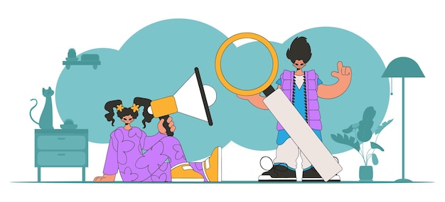 Ilustración vectorial del equipo de especialistas en recursos humanos. Una niña sentada en una silla y sostiene un megáfono.