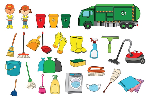 Ilustración vectorial Equipo de limpieza con limpiadores y camión de basura