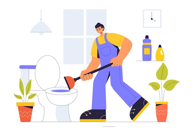 Ilustración vectorial de un equipo de servicio domiciliario con limpiadores, trabajadores de renovación y reparadores que construyen y mantienen una casa en un fondo plano