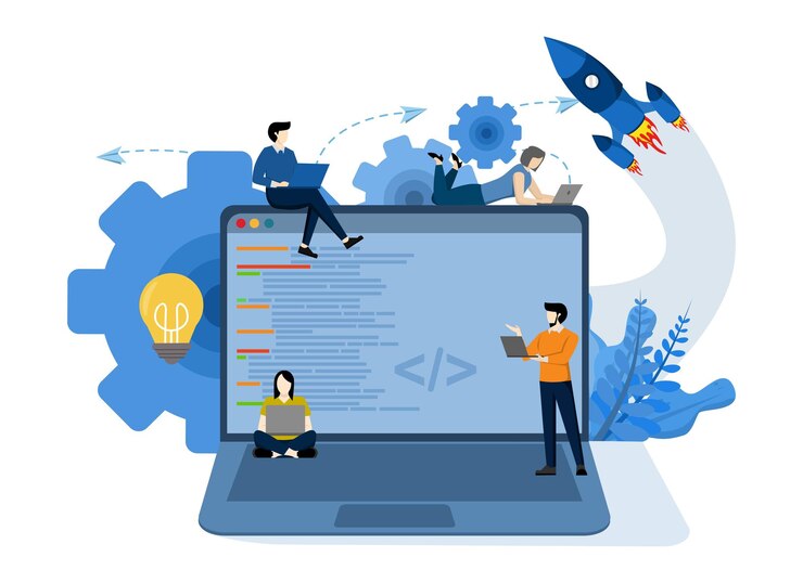 Vector ilustración vectorial de un equipo de ti que codifica un programa en sus portátiles en busca de errores