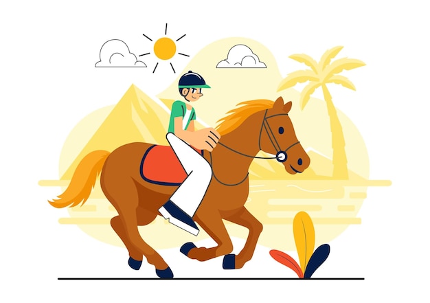 Ilustración vectorial de equitación con práctica de equitación o deportes ecuestres en un campo verde con fondo de dibujos animados de estilo plano