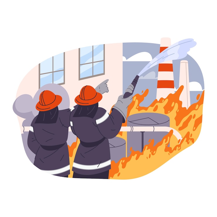 Vector ilustración vectorial de la escena de extinción de incendios industriales en la planta de extinción o en la empresa