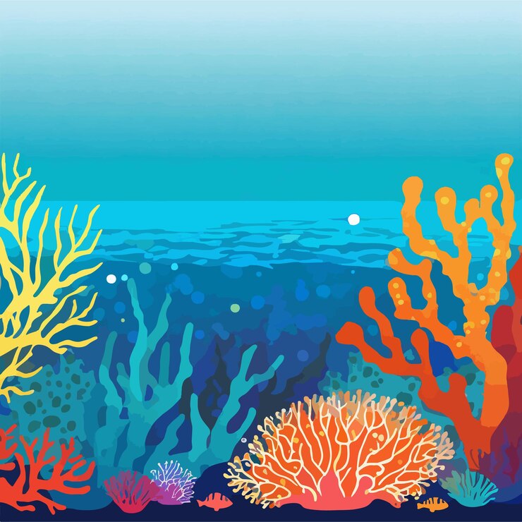Vector ilustración vectorial de una escena submarina con arrecifes de coral y plantas