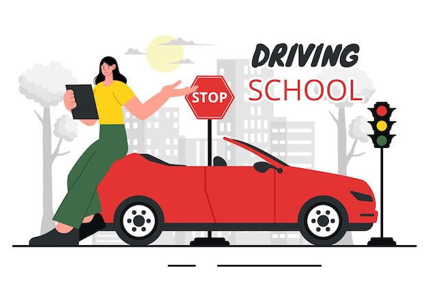Ilustración vectorial de la escuela de conducción que presenta el proceso educativo de entrenamiento de automóviles y aprendizaje a conducir Obtener una licencia de conducir39s en un fondo