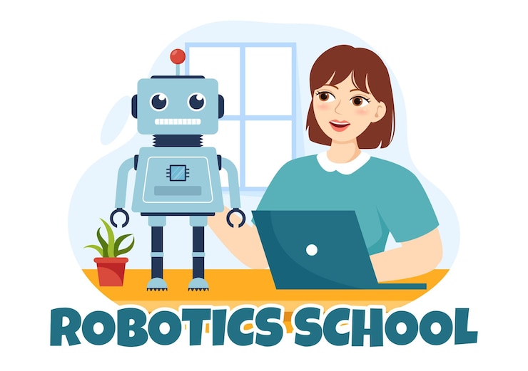 Vector ilustración vectorial de la escuela de robótica con el proyecto robótico juvenil para la programación y el robot de ingeniería