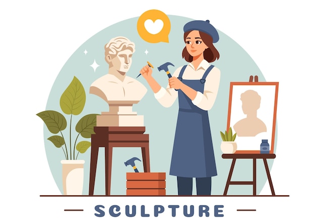 Ilustración vectorial de escultura de piedra con un artesano tallando una roca usando herramientas de escultura en diseño de fondo de dibujos animados de estilo plano