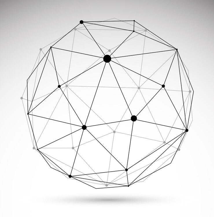 Vector ilustración vectorial de esfera de malla 3d abstracta, puntos conectados con objetos poligonales de tecnología de líneas aislados en fondo blanco, tecnología dinámica y celosía científica.