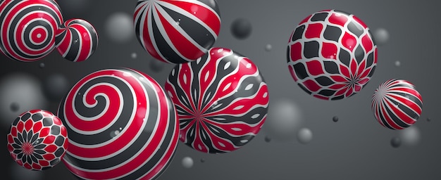 Ilustración vectorial de esferas brillantes realistas, fondo abstracto con hermosas bolas con patrones y efecto de profundidad de campo, arte conceptual de diseño de globos 3D.