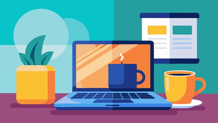Vector ilustración vectorial de un espacio de trabajo con una computadora portátil y café en una configuración moderna con una planta y documentos