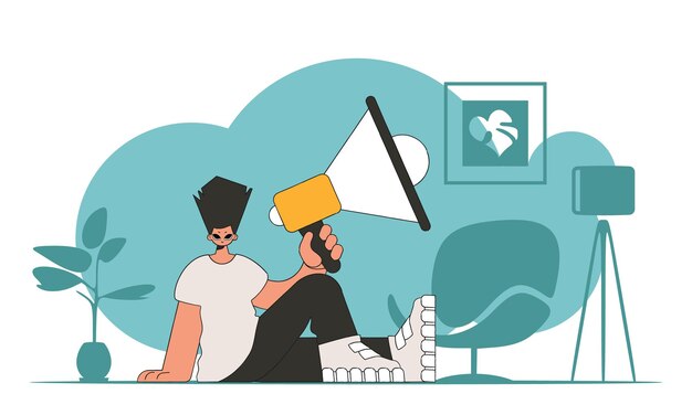 Ilustración vectorial de un especialista en recursos humanos. Un hombre atractivo se sienta en el suelo y sostiene un megáfono en la mano.