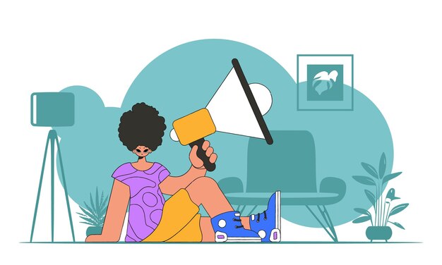 Ilustración vectorial de un especialista en recursos humanos. Un tipo elegante se sienta en el suelo y sostiene un megáfono en la mano.