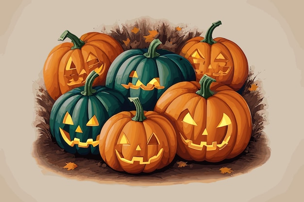 Ilustración vectorial espeluznante calabazas de estilo fantasía Halloween fiesta de espeluzno estilizada de horror calabazas