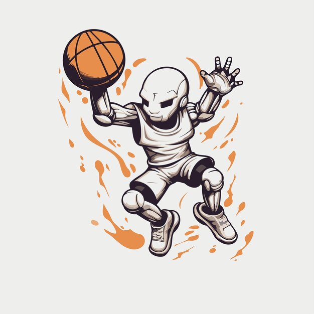 Ilustración vectorial de un esqueleto jugando al baloncesto aislado sobre un fondo blanco