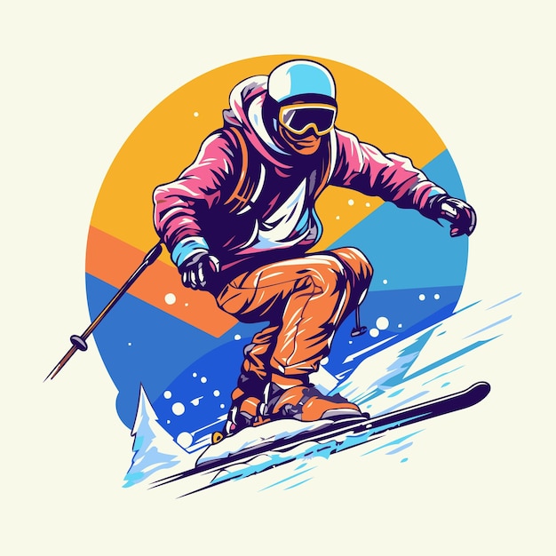Vector ilustración vectorial de un esquiador saltando en esquís fondo de deportes de invierno