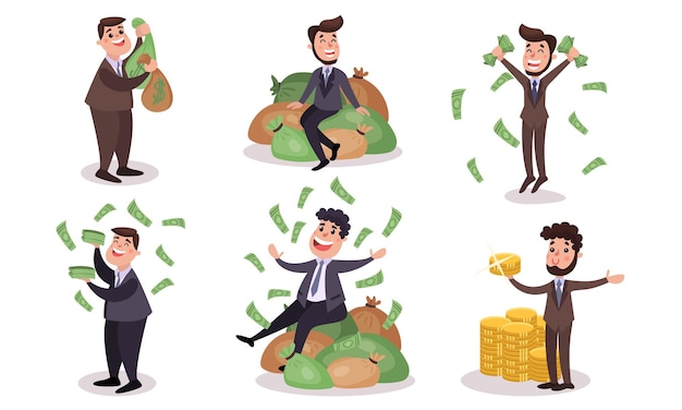 Ilustración vectorial establece el concepto de obsesión por el dinero personaje de dibujos animados vectorial