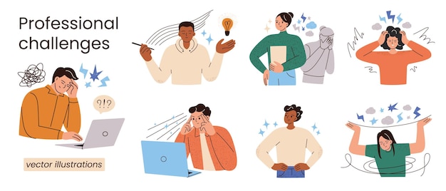 Ilustración vectorial con estados emocionales en el trabajo Hombres y mujeres de dibujos animados enfrentan estrés por agotamiento