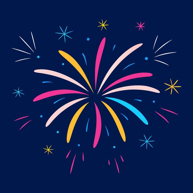 Ilustración vectorial de estallido de fuegos artificiales coloridos en fondo oscuro