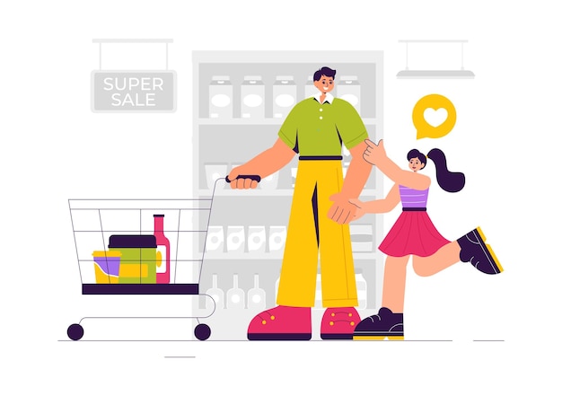 Ilustración vectorial de una estantería de una tienda de comestibles abastecida con artículos y productos de alimentos variados para las necesidades diarias de compras en un fondo de estilo plano