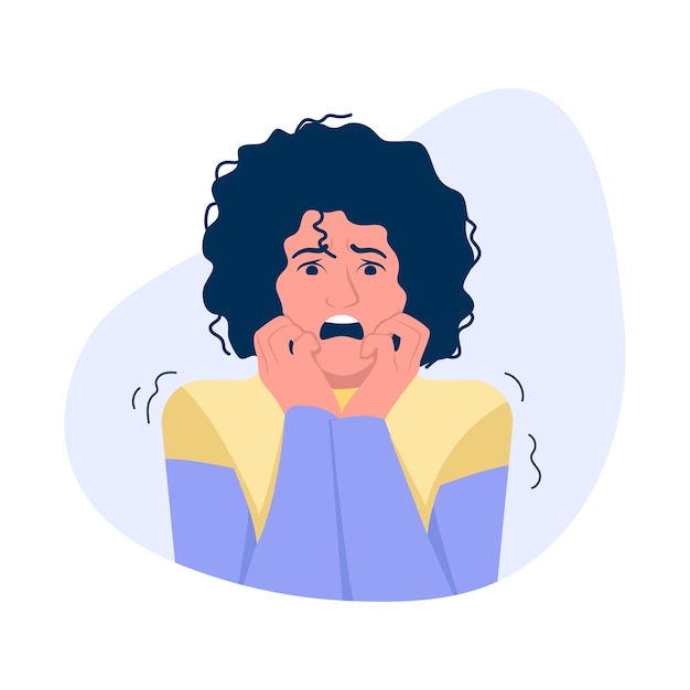 Ilustración vectorial de estar asustado escena de dibujos animados con una chica que estaba muy asustada de algo en fondo blanco película de terror