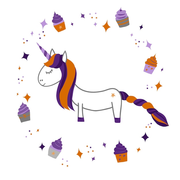 Ilustración vectorial estilizada como un dibujo infantil Unicornio blanco rodeado de estrellas de tortas