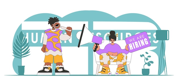 Ilustración vectorial estilizada del equipo representativo de RR.HH. Una chica elegante se sienta en una silla y sostiene un megáfono en la mano
