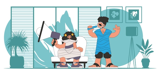 Ilustración vectorial estilizada del equipo representativo de RR.HH. Una mujer elegante se sienta en una silla y sostiene un megáfono en la mano