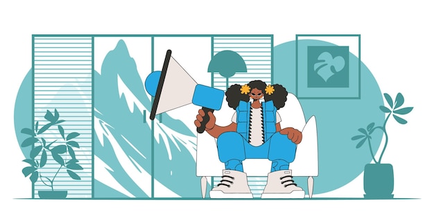 Ilustración vectorial estilizada de un representante de recursos humanos. Una joven se sienta en una silla y sostiene un megáfono en la mano.