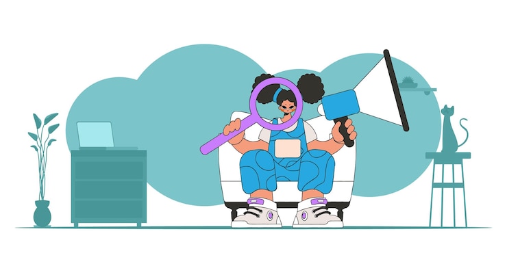 Vector ilustración vectorial estilizada de un representante de recursos humanos. una joven se sienta en una silla y sostiene un megáfono en la mano.