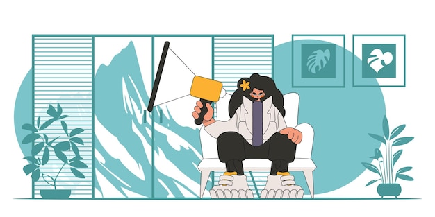 Ilustración vectorial estilizada de un representante de recursos humanos. Una joven se sienta en una silla y sostiene un megáfono en la mano.