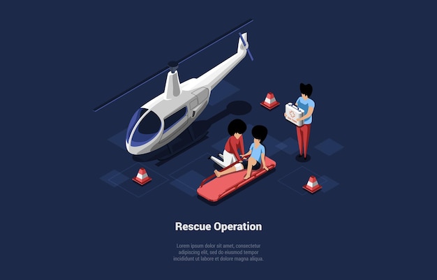 Ilustración vectorial. Estilo 3D de dibujos animados con carácter. Composición isométrica sobre el concepto de proceso de operación de rescate. Tripulación de personas cerca del helicóptero. Hombre que mantiene el botiquín de primeros auxilios, elementos infográficos alrededor.