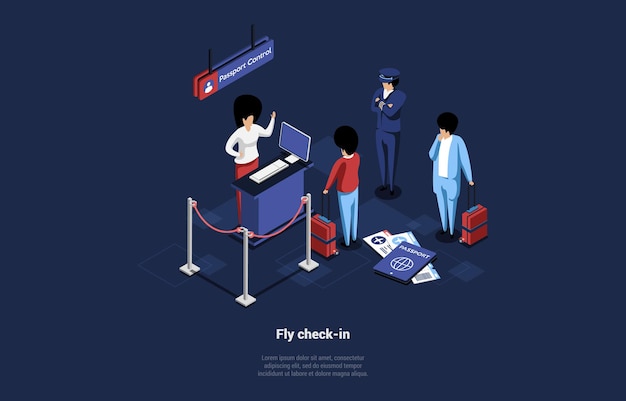 Ilustración vectorial. Estilo 3D de dibujos animados con personajes. Composición isométrica en concepto de viaje aéreo de check-in de vuelo. Lugar de control de pasaportes, proceso de registro, servicio de avión, personas de pie.