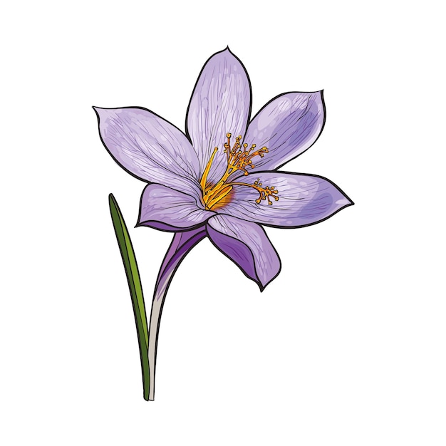 Vector ilustración vectorial de estilo boceto aislado de una sola flor de primavera de crocus delicada con tallo y hoja