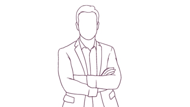 Ilustración vectorial de estilo dibujado a mano de un hombre de negocios exitoso con los brazos cruzados