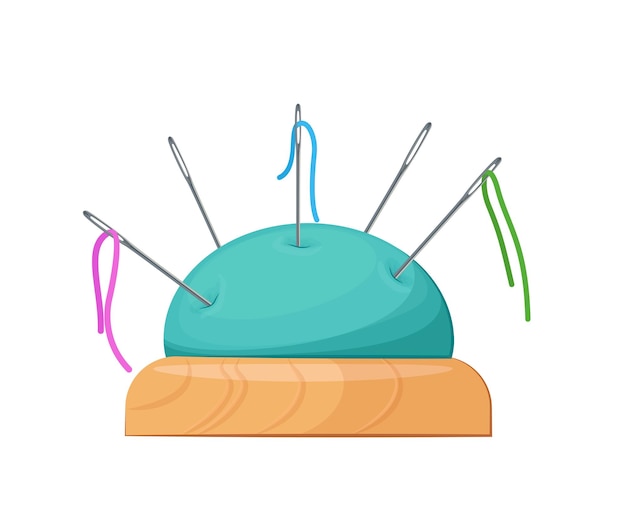 Ilustración vectorial de estilo dibujos animados de un cojín con agujas de coser y hilos coloridos