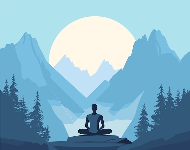 Ilustración vectorial en estilo de dibujos animados con un hombre meditando en una montaña