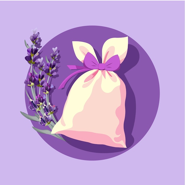 Ilustración vectorial en un estilo de dibujos animados planos una bolsa de lavanda con un lazo y ramitas de flores en un lila