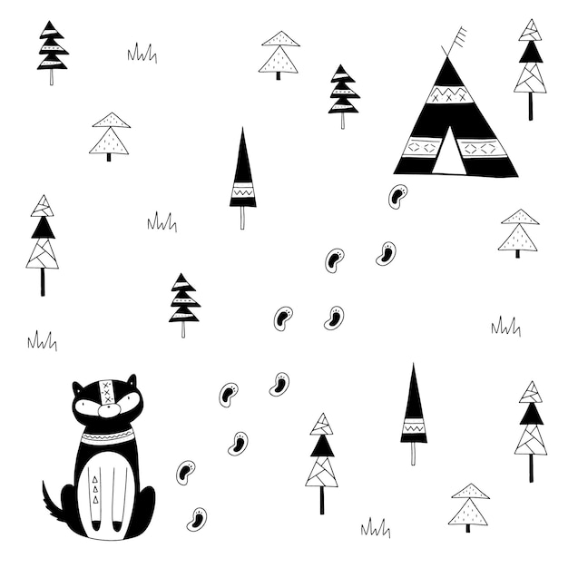 Ilustración vectorial en estilo de fideos de lobo escandinavo y casa forestal aislada en el fondo blanco