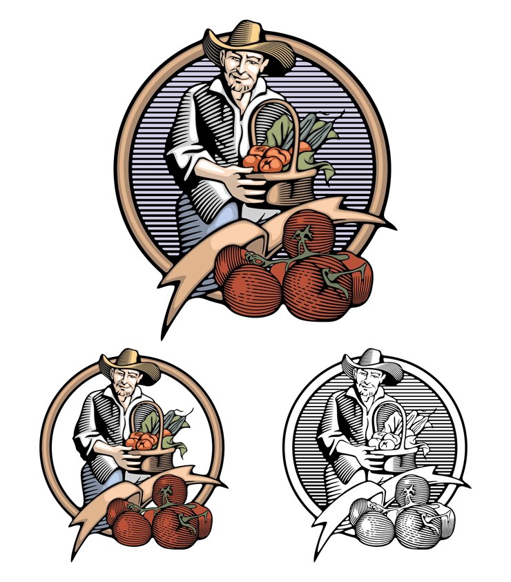 Vector ilustración vectorial en estilo grabado en madera retro de un agricultor feliz con la cosecha de verduras