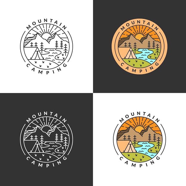 Ilustración vectorial de estilo monolínico o lineal de la insignia del campamento de montaña y matutino