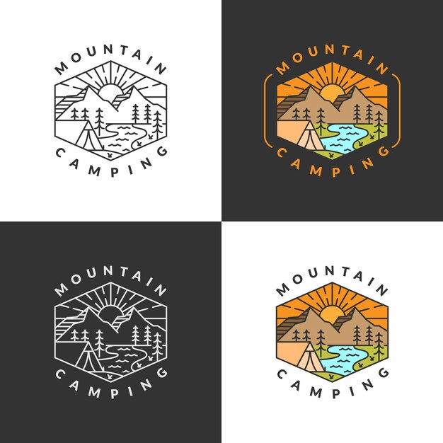 Ilustración vectorial de estilo monolínico o lineal de la insignia del campamento de montaña y matutino