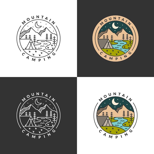 Ilustración vectorial de estilo monolínico o lineal de la insignia de campamento de montaña y nocturno