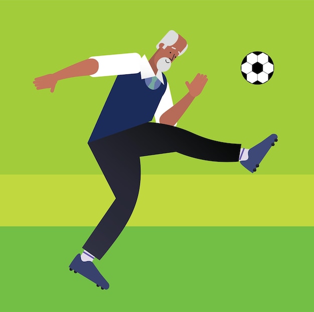 ilustración vectorial de estilo plano de un anciano jugando al fútbol l al aire libre Él lleva una vida saludable