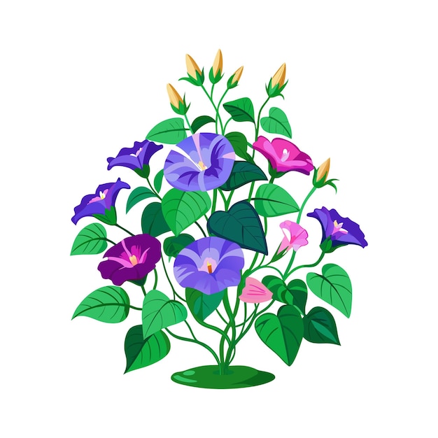 Ilustración vectorial de estilo plano de árboles y arbustos de flores hermosas