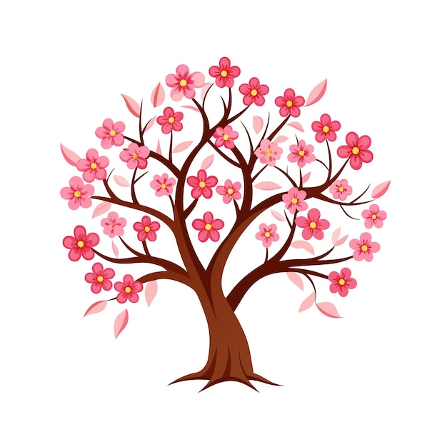 Ilustración vectorial de estilo plano de árboles y arbustos de flores hermosas