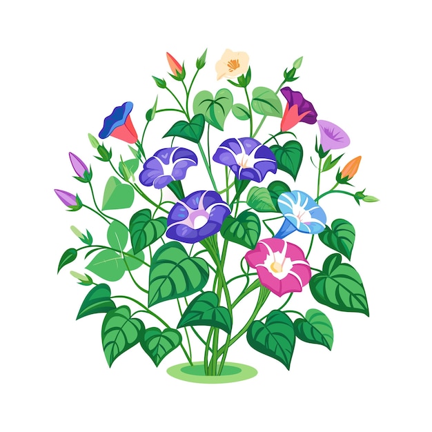 Ilustración vectorial de estilo plano de árboles y arbustos de flores hermosas