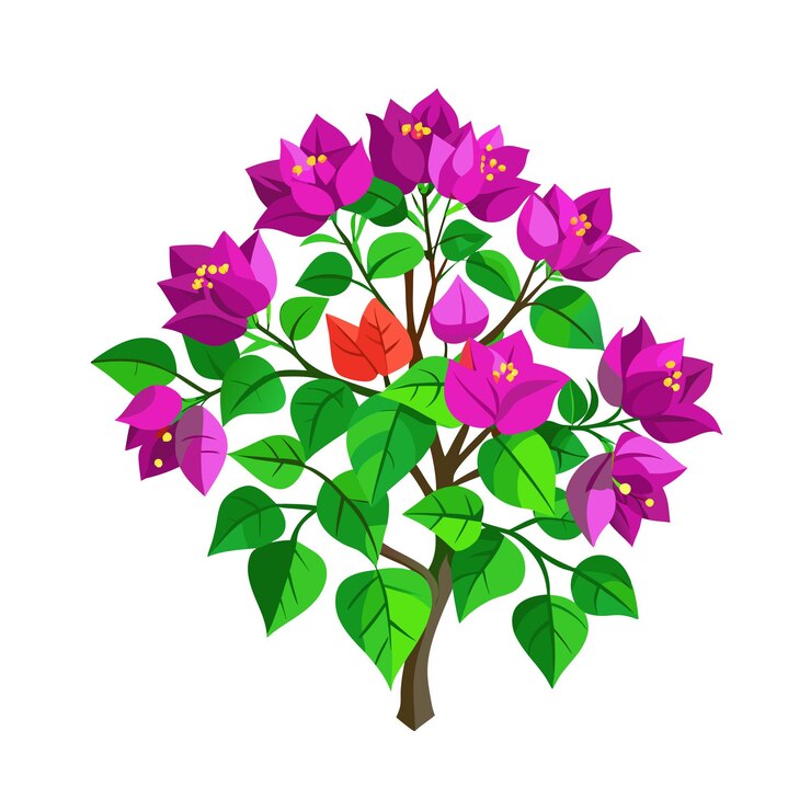 Vector ilustración vectorial de estilo plano de árboles y arbustos de flores hermosas