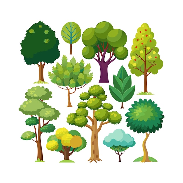 Ilustración vectorial de estilo plano de una colección de árboles